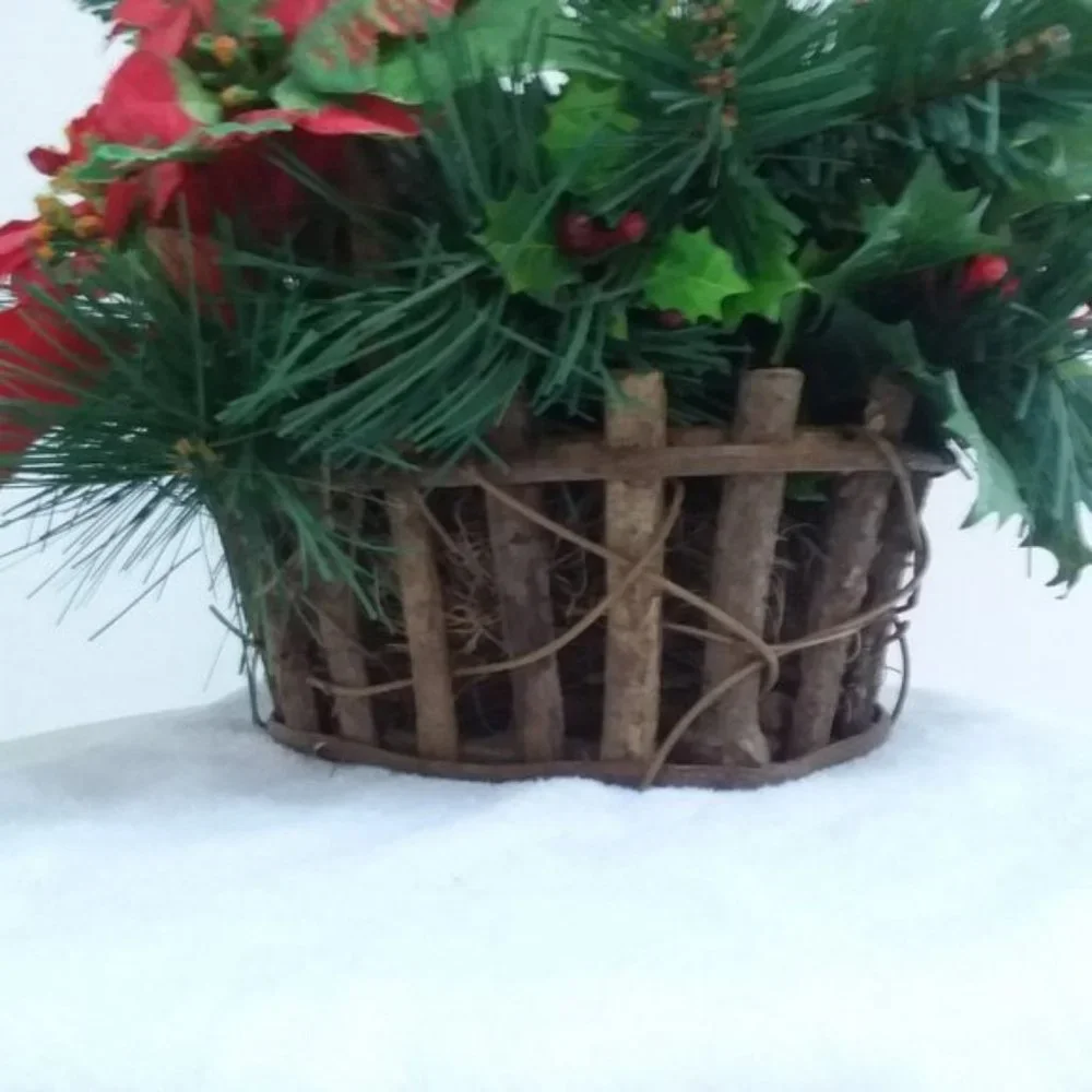 Christmas Grapevine BASKET Poinsettia Holly Berry Evergreen Holiday Décor